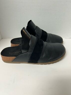Vionic Ambrosia Black Leather Slip-On Mules Clogs Sz 9 Lagenlook Comfort Hippie